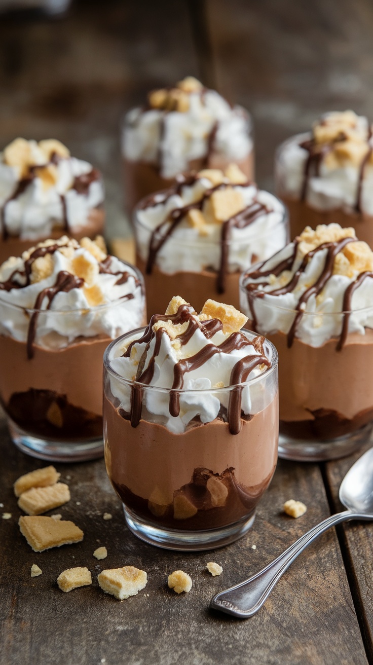 Decadent Moon Pie Pudding Cups Moon Pie pudding cups layered with chocolate pudding, whipped cream, and topped with Moon Pie pieces and chocolate syrup.